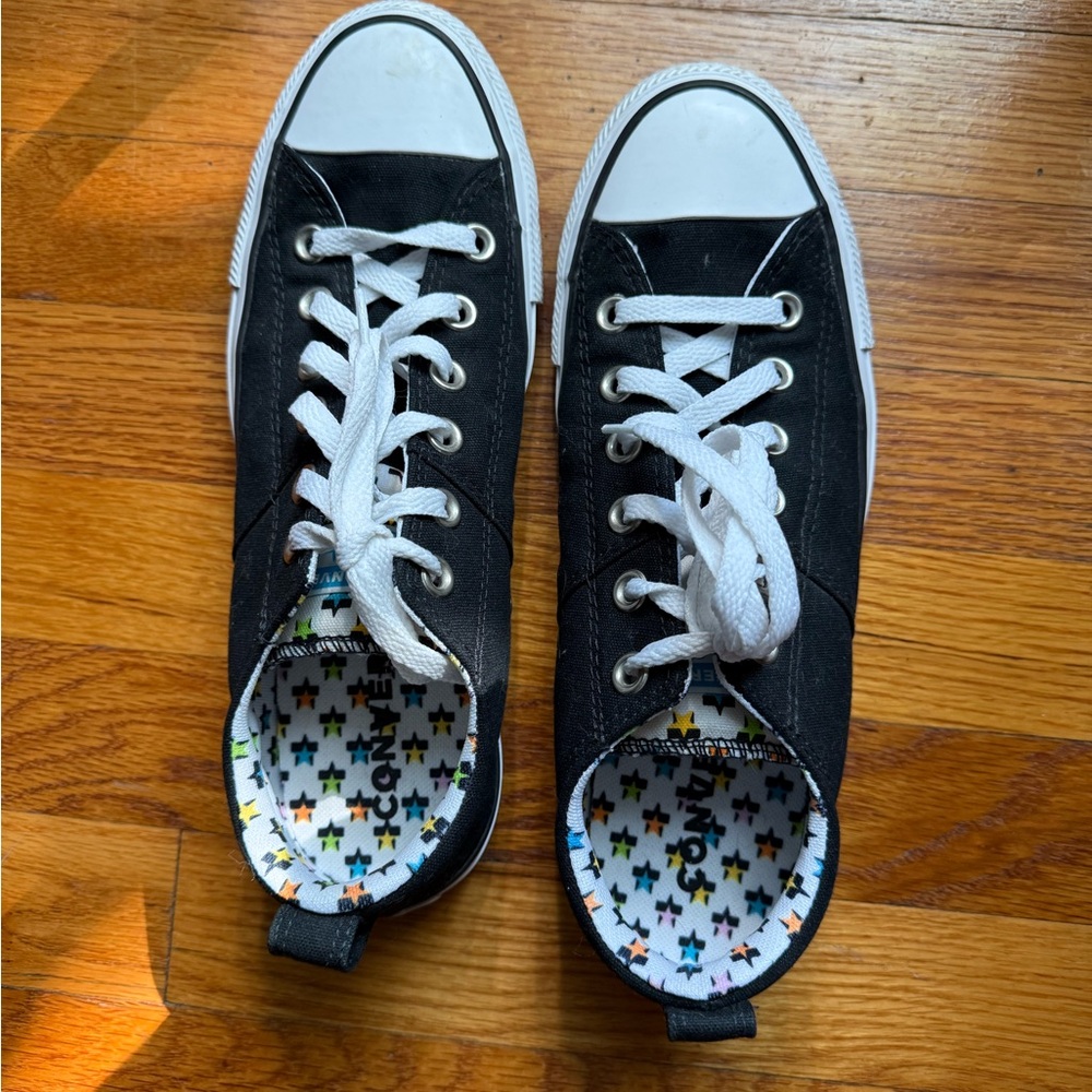 Converse Classic Black and White Shoes with Star Pattern interior
Size 9